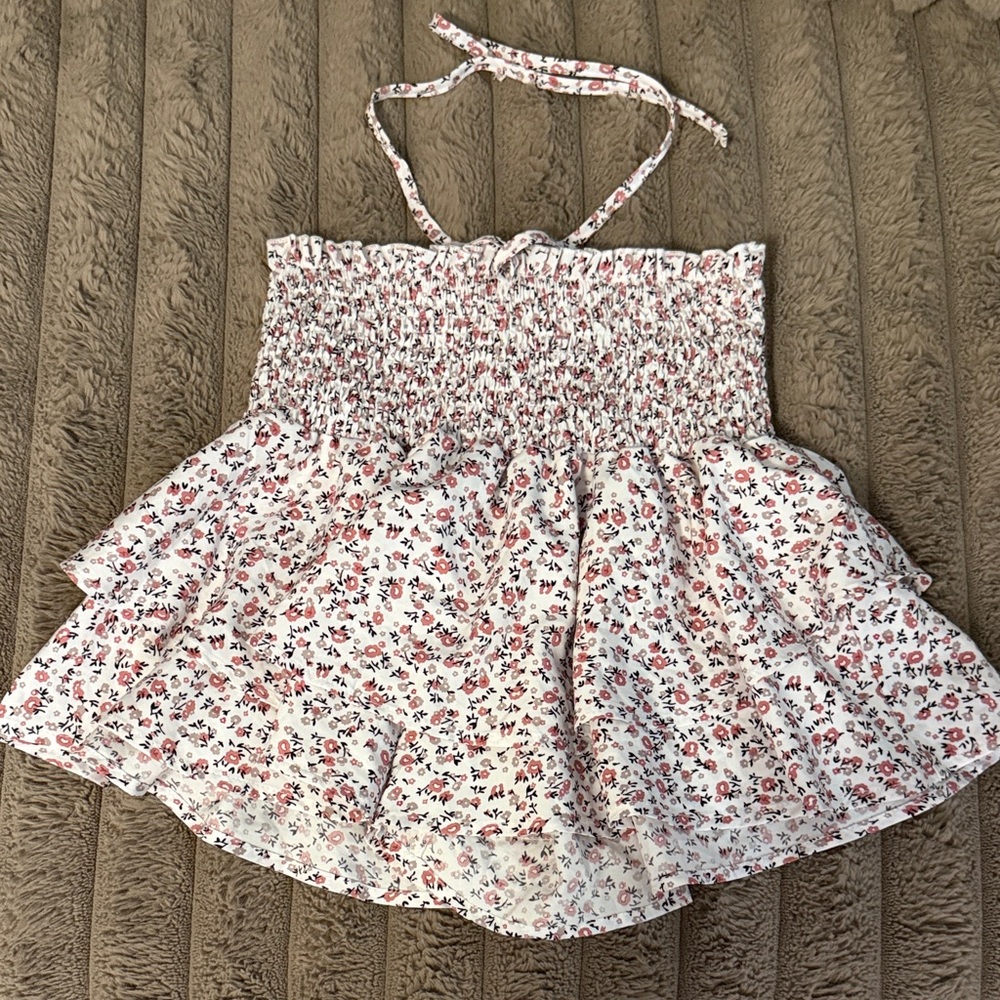 White Floral Smocked Halter Mini Dress shirt